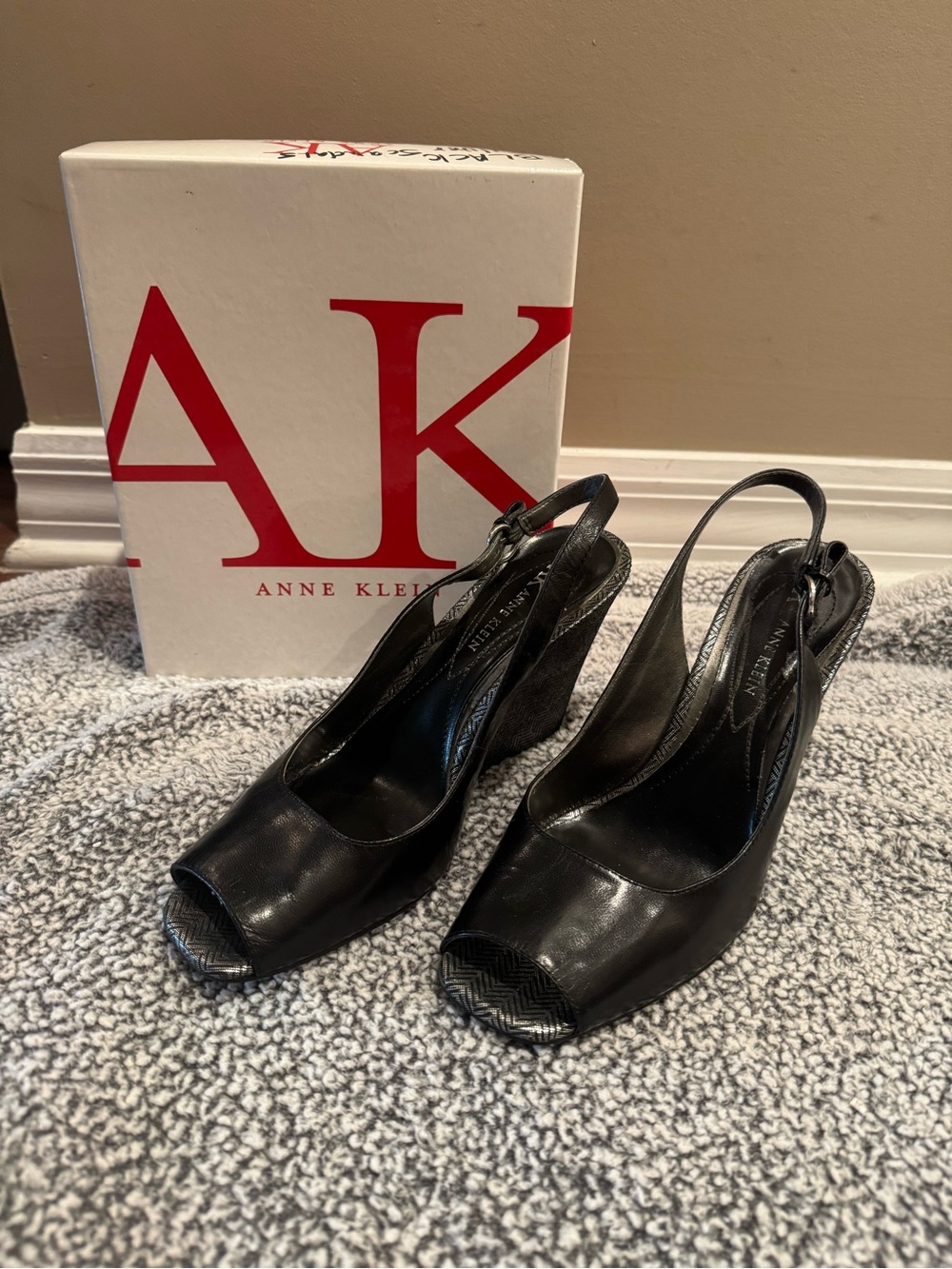 Anne Klein Black Peep-Toe Slingback Wedges